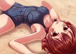  beach blush breasts brown_eyes brown_hair kantai_collection looking_at_viewer medium_breasts mutsuki_(kantai_collection) one-piece_swimsuit ootori_(kyoya-ohtori) sand sand_on_skin school_swimsuit short_hair solo swimsuit text_focus 