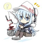  1girl auger black_legwear black_skirt blue_eyes boots bucket camouflage chibi commentary_request drill earmuffs fishing fishing_rod flat_cap hammer_and_sickle hat hibiki_(kantai_collection) highres hizuki_yayoi hole ice_fishing jacket kantai_collection long_hair pantyhose pleated_skirt silver_hair sitting skirt solo verniy_(kantai_collection) white_hat 