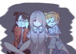  asymmetrical_bangs bangs blue_eyes brown_hair covering_eyes glasses hair_over_one_eye hairband hood hoodie indian_style kagari_atsuko little_witch_academia long_hair looking_at_viewer lotte_jansson multiple_girls open_clothes open_hoodie orange_hair pajamas purple_eyes purple_hair red_eyes scared semi-rimless_eyewear short_hair shorts sitting sucy_manbavaran tama_(tama-s) under-rim_eyewear watching_television 