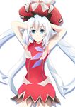  absurdres aqua_eyes armpits arms_behind_head bare_arms contrapposto cowboy_shot dress eyebrows_visible_through_hair fate_(series) hat high_collar highres long_hair looking_at_viewer marie_antoinette_(fate/grand_order) masmbel red_dress red_hat smile solo standing white_background white_hair 