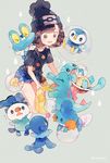  &gt;_&lt; :&lt; :d ^_^ bag bangs beanie black_hat blue_footwear brown_eyes brown_hair bubble carrying closed_eyes commentary_request fangs floral_print flying_sweatdrops froakie gen_1_pokemon gen_2_pokemon gen_3_pokemon gen_4_pokemon gen_5_pokemon gen_6_pokemon gen_7_pokemon grey_background hat kneeling mizuki_(pokemon) mudkip open_mouth oshawott pechika piggyback piplup poke_ball_symbol pokemon pokemon_(creature) pokemon_(game) pokemon_sm popplio shell shirt shoes short_hair short_sleeves shorts shoulder_bag smile squirtle tied_shirt totodile towel twitter_username water_drop 