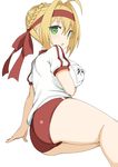  ahoge ass blonde_hair breasts buruma fate/grand_order fate_(series) green_eyes gym_uniform headband large_breasts looking_at_viewer looking_back nero_claudius_(fate) nero_claudius_(fate)_(all) olympian_bloomers red_buruma red_headband short_hair short_sleeves sideboob simple_background solo toshishikisai white_background 