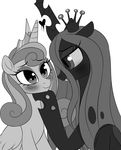  2017 aged_up blush changeling duo equine eye_contact eyelashes fangs feathered_wings feathers female feral flurry_heart_(mlp) friendship_is_magic greyscale hair hole_(anatomy) hooves horn long_hair mammal momomistress monochrome my_little_pony open_mouth queen_chrysalis_(mlp) simple_background smile white_background winged_unicorn wings 