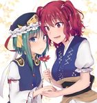  arm_garter asa_(coco) asymmetrical_hair bangs blue_eyes blue_vest blush breasts closed_mouth commentary_request flower green_hair hair_bobbles hair_ornament hat hat_ribbon holding_hands juliet_sleeves large_breasts long_sleeves looking_at_viewer multiple_girls onozuka_komachi parted_lips puffy_short_sleeves puffy_sleeves red_eyes red_hair ribbon shiki_eiki short_sleeves smile touhou twintails upper_body vest 