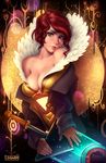 bare_shoulders blue_eyes breasts cleavage eyebrows feather_collar head_tilt high_collar holding holding_weapon jacket jonathan_hamilton lips looking_at_viewer md5_mismatch medium_breasts no_bra off_shoulder red_(transistor) red_hair solo the_transistor transistor_(game) weapon 