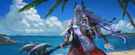  1girl absurdres asterios_(fate/grand_order) axe bare_shoulders beach black_sclera day dress euryale fate/grand_order fate/hollow_ataraxia fate_(series) hairband highres horns jewelry july_(shichigatsu) long_hair outdoors purple_hair red_eyes twintails water weapon white_hair 