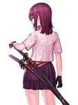  absurdres bangs black_gloves closed_mouth commentary_request cowboy_shot from_behind gloves highres katana looking_at_viewer looking_back original purple_eyes purple_hair purple_skirt sheath sheathed shiono_fuyu shirt short_sleeves sidelocks simple_background skirt solo sword weapon white_background white_shirt 