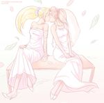  2girls bangs bare_arms bare_shoulders blonde_hair breasts cherry_blossoms dress eyes_closed face-to-face hair_up hairband hands_in_lap haruno_sakura heart hearts high_heels high_ponytail kiss kissing leaf leaves legs_crossed long_hair looking_at_another multiple_girls naruto pink_hair ponytail shoes short_hair sitting sitting_on_table sitting_together table tentacuddles tongue tongue_out veil wedding_dress wind wind_blowing yamanaka_ino yuri 