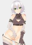  arm_wrap bandaged_arm bandages black_footwear black_gloves black_legwear black_panties blush boots breasts cowboy_shot eyebrows_visible_through_hair facial_scar fate/apocrypha fate_(series) gloves green_eyes grey_hair hair_between_eyes jack_the_ripper_(fate/apocrypha) looking_at_viewer lowleg lowleg_panties navel nipples open_mouth panties panty_pull pussy sasakura scar scar_across_eye scar_on_cheek shadow short_hair small_breasts solo stain standing stomach thighhighs topless uncensored underwear 