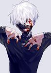  arms_up artist_name black_sweater blood blood_on_face bloody_hands clenched_teeth eyebrows_visible_through_hair kaneki_ken long_sleeves looking_at_viewer male_focus mask one_eye_covered red_eyes shiny shiny_hair silver_hair solo sukja sweater teeth tokyo_ghoul tsurime upper_body zipper 