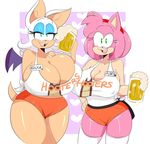  2girls amy_rose beer blush breasts bursting_breasts cleavage collaboration furry gigantic_breasts green_eyes highres hooters huge_breasts large_breasts looking_at_viewer multiple_girls pink_hair rouge_the_bat sega short_hair sideboob smile sonic_forces sonic_the_hedgehog tail wings 