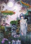  arms_behind_back bare_shoulders coelacanth fish grass head_tilt multiple_moons palm_tree short_hair smile solo surreal tree yoshiku_(oden-usagi) 