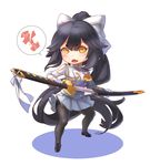  azur_lane bangs black_hair black_legwear bow breasts brown_eyes buttons chibi commentary_request gloves hair_bow holding holding_sword holding_weapon long_hair long_sleeves looking_at_viewer medium_breasts military military_uniform miniskirt open_mouth pantyhose pleated_skirt ponytail sima_naoteng simple_background skirt solo sword takao_(azur_lane) uniform very_long_hair weapon white_gloves 