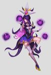  1girl alternate_costume alternate_hair_color alternate_hairstyle boots elbow_gloves energy_ball forehead_protector gloves high_heel_boots league_of_legends long_hair magical_girl purple_eyes purple_hair skirt solo star star_guardian_syndra syndra thigh_boots 