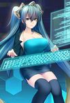  bangs blazer blue_dress blue_eyes blue_hair breasts cleavage dress hair_between_eyes haruno_suzune holographic_interface holographic_keyboard jacket keyboard keyboard_(computer) large_breasts league_of_legends long_hair looking_at_viewer pink_lips screen sitting smile solo sona_buvelle strapless strapless_dress thighhighs twintails very_long_hair 
