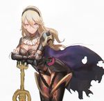  alternate_costume armor black_panties blonde_hair blue_cape breast_hold breasts brooch cape cleavage cravat female_my_unit_(fire_emblem_if) fire_emblem fire_emblem_if hairband jewelry kokutan_kitsunen leaning_forward leaning_on_object long_hair looking_at_viewer medium_breasts my_unit_(fire_emblem_if) panties pointy_ears simple_background sketch smile solo sword thighhighs torn_cape underwear weapon 