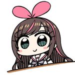  a.i._channel bangs blue_eyes blush_stickers bow brown_hair chan_co chibi closed_mouth commentary eyebrows_visible_through_hair hair_bow hairband kizuna_ai long_hair looking_at_viewer neck_ribbon pink_bow ribbon sailor_collar shirt simple_background smile solo virtual_youtuber white_background white_shirt 