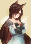  animal_ears breasts brown_hair cleavage crossed_arms dress hair_over_one_eye imaizumi_kagerou large_breasts long_hair red_eyes solo touhou wolf_ears yohane 