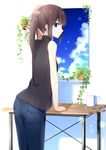  aa_(sin2324) bare_arms bare_shoulders black_hair blue_eyes commentary_request denim jeans long_hair looking_at_viewer original pants ponytail shirt sleeveless sleeveless_shirt solo 