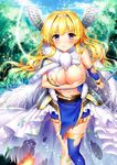  3: bangs bible_bullet blonde_hair blue_legwear blue_sky blush breast_hold breasts cape character_request closed_mouth commentary_request covering covering_breasts cowboy_shot day dress fur_trim gradient_hair green_hair highres large_breasts leaning_forward long_hair looking_at_viewer multicolored_hair navel purple_eyes silver15 single_thighhigh sky solo stomach sunlight tearing_up tears thighhighs torn_clothes torn_dress torn_legwear v-shaped_eyebrows very_long_hair wavy_hair white_wings winged_hair_ornament wings 