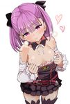  absurdres arm_warmers bangs bare_shoulders belt black_ribbon blunt_bangs blush breasts chiruto cleavage commentary_request cowboy_shot detached_collar dress dress_pull fate/grand_order fate_(series) hair_ribbon head_tilt heart helena_blavatsky_(fate/grand_order) highres looking_at_viewer medium_breasts no_bra pulled_by_self purple_eyes purple_hair ribbon short_dress smile solo sweat thighhighs white_sleeves 