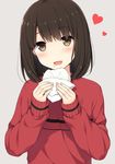  :d bangs baozi blush brown_eyes brown_hair commentary_request eyebrows_visible_through_hair fingernails food food_on_face grey_background head_tilt heart holding holding_food long_sleeves looking_at_viewer nakamura_sumikage open_mouth original red_sweater short_hair simple_background sleeves_past_wrists smile solo sweater tareme upper_body wrapper 