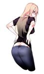  ass bent_over black_shirt blonde_hair blush breasts butt_crack choker commentary_request cowboy_shot cropped_legs denim from_behind jeans long_hair looking_back medium_breasts original pants pocari_sweat_(artist) purple_eyes see-through shirt short_sleeves simple_background solo t-shirt white_background 