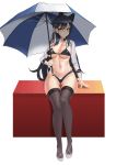  1girl absurdres animal_ears ass_visible_through_thighs atago_(azur_lane) azur_lane bangs black_hair black_legwear breasts cleavage commentary eun_bari extra_ears high_heels highres holding holding_umbrella large_breasts logo long_hair mole mole_under_eye navel race_queen ribbon shrug simple_background sitting sitting_on_object smile solo swept_bangs thigh_gap thighhighs two-tone_bikini umbrella white_background white_footwear white_ribbon wrist_cuffs 