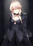  artoria_pendragon_(all) black_bow black_dress blonde_hair bow braid breasts closed_mouth collarbone commentary_request cowboy_shot dress fate/grand_order fate_(series) french_braid hair_bow halter_dress head_tilt juliet_sleeves long_sleeves looking_at_viewer medium_breasts pale_skin platinum_blonde_hair puffy_sleeves saber_alter shiao solo yellow_eyes 