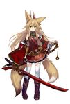  animal_ears bangs bare_shoulders belt blonde_hair blunt_bangs boots closed_mouth commentary_request detached_sleeves fox_ears full_body gloves green_eyes haik hair_between_eyes highres holding holding_sword holding_weapon kokonoe_tsubaki long_hair long_sleeves multiple_tails original pleated_skirt pouch purple_footwear red_skirt sheath simple_background skirt smile solo standing sword tail thighhighs turtleneck two_tails unsheathed weapon white_background white_legwear wide_sleeves 