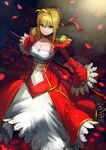  ahoge aqua_eyes bow breasts cleavage epaulettes fate/extra fate_(series) hair_bow large_breasts looking_up nero_claudius_(fate) nero_claudius_(fate)_(all) petals puffy_sleeves red_bow see-through smile solo sword wasabi60 weapon wide_sleeves wind 