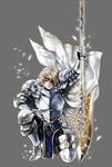 apt armor blonde_hair blue_eyes eyepatch full_body gauntlets greaves grey_background gyakushuu_no_fantasica halberd highres holding holding_weapon looking_at_viewer male_focus official_art one_knee polearm scar simple_background solo weapon 