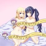  2girls bed black_hair blonde_hair blue_eyes blush braid breasts censored choujigen_game_neptune hand_on_another&#039;s_chest highres kneeling long_hair looking_at_viewer medium_breasts multiple_girls navel neptune_(series) noire nude open_mouth red_eyes sitting smile tied_hair twintails vert 