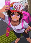  1girl backpack bag bike_shorts brown_eyes brown_hair child dolphin hat heart holding holding_phone iphone multicolored_hat nike original phone red_hat sasaki_bullet self_shot shirt shoes short_sleeves smartphone solo_focus standing t-shirt teeth white_hat 