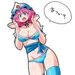  aono3 breasts choker cleavage hat highres large_breasts mob_cap navel pink_eyes pink_hair saigyouji_yuyuko short_hair thighhighs touhou translated triangular_headpiece underwear 