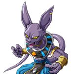  animal_ears armband beerus black_eyes cat_ears claws dragon_ball dragon_ball_super egyptian_clothes fangs highres jewelry kamishima_kanon male_focus neck_ring open_mouth purple_skin single_earring solo tail toned toned_male wrist_cuffs yellow_sclera 