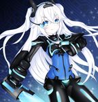  1girl armor bangs black_heart blue_eyes bodysuit breasts choujigen_game_neptune gauntlets hair_between_eyes hair_ornament headgear highres holding holding_weapon long_hair looking_at_viewer neptune_(series) next_black noire power_symbol scouter shin_jigen_game_neptune_vii small_breasts solo sword symbol-shaped_pupils twintails two_side_up very_long_hair visor weapon white_hair wings 