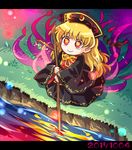  aura bangs black_dress black_hat blonde_hair chibi chinese_clothes commentary commentary_request dated dress energy grass hat junko_(touhou) long_hair long_sleeves outdoors pote_(ptkan) red_eyes smile solo tabard touhou water wide_sleeves 