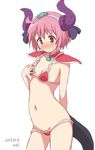  ahoge arm_behind_back armor artist_name bangs bikini bikini_armor blush breasts choker closed_mouth commentary_request cosplay cowboy_shot dated dragon_tail elizabeth_bathory_(brave)_(fate) elizabeth_bathory_(brave)_(fate)_(cosplay) elizabeth_bathory_(fate)_(all) embarrassed eyebrows_visible_through_hair fate/grand_order fate_(series) hand_on_own_chest horns looking_at_viewer mel_(melty_pot) navel nonohara_yuzuko nose_blush oversized_clothes pauldrons pink_eyes pink_hair red_armor red_bikini red_choker short_hair silver_trim simple_background small_breasts solo standing stomach sweatdrop swimsuit tail tiara wavy_mouth white_background yuyushiki 