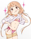  1girl bikini blonde_hair brown_eyes cameltoe casual commentary_request cowboy_shot flat_chest futaba_anzu idolmaster idolmaster_cinderella_girls lifted_by_self long_hair looking_at_viewer low_twintails micro_bikini mirakichi navel shirt_lift shorts shorts_pull side-tie_bikini simple_background solo sparkle standing striped striped_bikini striped_shorts swimsuit tongue tongue_out twintails white_background yellow_shorts 