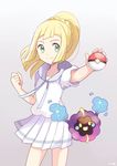  blonde_hair clenched_hand closed_mouth cosmog cowboy_shot drawstring floating foreshortening gen_7_pokemon green_eyes holding holding_poke_ball legendary_pokemon legs_apart lillie_(pokemon) long_hair looking_at_viewer mei_(maysroom) outstretched_arm pleated_skirt poke_ball poke_ball_(generic) pokemon pokemon_(creature) pokemon_(game) pokemon_sm ponytail shirt short_sleeves signature simple_background skirt smile standing tareme white_shirt white_skirt yellow_eyes 
