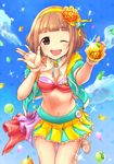  bikini bikini_top blush brown_eyes brown_hair commentary_request hair_ornament headband headset highres idolmaster idolmaster_cinderella_girls kitami_yuzu kudukimii looking_at_viewer navel one_eye_closed short_hair skirt smile solo swimsuit yuzu_(fruit) 