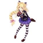  :d arms_behind_back bag blonde_hair bow braid breasts date_a_live hair_bow hair_ribbon highres hoshimiya_mukuro large_breasts long_hair looking_at_viewer open_mouth pantyhose ribbon school_bag school_uniform smile solo striped striped_legwear tsubasaki white_background yellow_eyes 