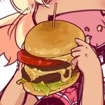  blonde_hair blush bow cheese cheese_trail close-up closed_eyes darkness directional_arrow eating fang food hamburger lettuce muuba navel rumia short_hair solo tan tomato toothpick touhou 