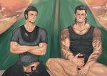  2boys bara body_hair cor_leonis cum erection final_fantasy final_fantasy_xv gladiolus_amicitia male_focus masturbation outdoors penis scar tagme tattoo tsubaki1961 