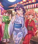  absurdres black_hair blue_eyes brown_eyes brown_hair character_request commentary_request floral_print fucheng_girls glasses google_(asdek18) hair_ornament hakama highres holding japanese_clothes kimono lantern long_hair looking_at_viewer mid-autumn_festival moon multiple_girls night night_sky obi outdoors paper_lantern red-framed_eyewear sandals sash side_ponytail sky smile white_legwear wide_sleeves xiaoman_(fucheng_girls) yukata zouri 