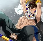  abs arms_up ass bara blush brown_hair censored closed_mouth dark_skin dark_skinned_male erection fate/prototype fate/prototype:_fragments_of_blue_and_silver fate_(series) lying male_focus melon_(kdyuityu9) navel on_back ozymandias_(fate) penis precum sleeveless tears testicles torn_clothes yellow_eyes 