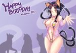  animal_ears arkfield armpit_peek bare_shoulders bell blush breasts cat_ears cat_tail collarbone commentary_request cowboy_shot eyewear_on_head happy_birthday high_school_dxd jewelry jingle_bell kuroka_(high_school_dxd) large_breasts long_hair looking_at_viewer multiple_tails navel necklace open_clothes open_shirt parted_lips purple_shirt see-through shirt slingshot_swimsuit smile solo stomach strap_gap swimsuit tail two_tails 