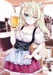 ;) ahoge alcohol animal_ears apron aqua_eyes bangs bar bare_shoulders beer beer_mug blue_apron blue_ribbon blurry blurry_background blush breasts cat_ears chair cleavage commentary_request corset cowboy_shot cup dirndl eyebrows_visible_through_hair eyelashes frilled_skirt frilled_sleeves frills german_clothes hand_on_hip highres holding holding_cup indoors lips long_hair looking_at_viewer medium_breasts off_shoulder one_eye_closed original puffy_short_sleeves puffy_sleeves red_skirt ribbon short_sleeves skirt smile solo standing table waist_apron wakatsuki_you wooden_floor 