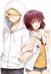  1girl :d blonde_hair blush brown_hair collarbone couple cowboy_shot finger_marks green_eyes hair_over_one_eye hands_in_pockets hood hoodie kaburagi_sui locked_arms matching_outfit nishio_rina open_mouth shaded_face shiny shiny_hair short_hair shorts simple_background smile soukyuu_no_fafner sumomo_(peach-breath) white_background yellow_eyes 